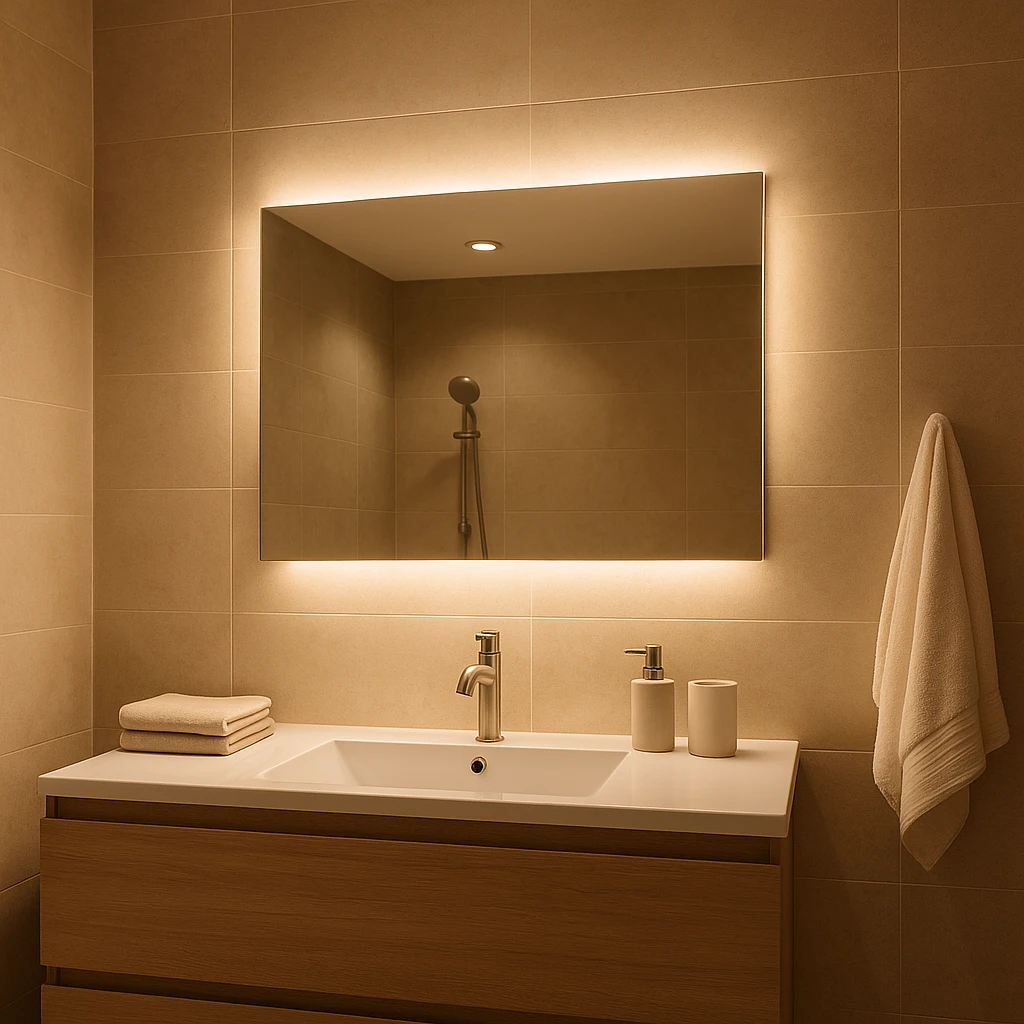 Moderne badkamer met warme LED-inbouwspots en zachte indirecte verlichting