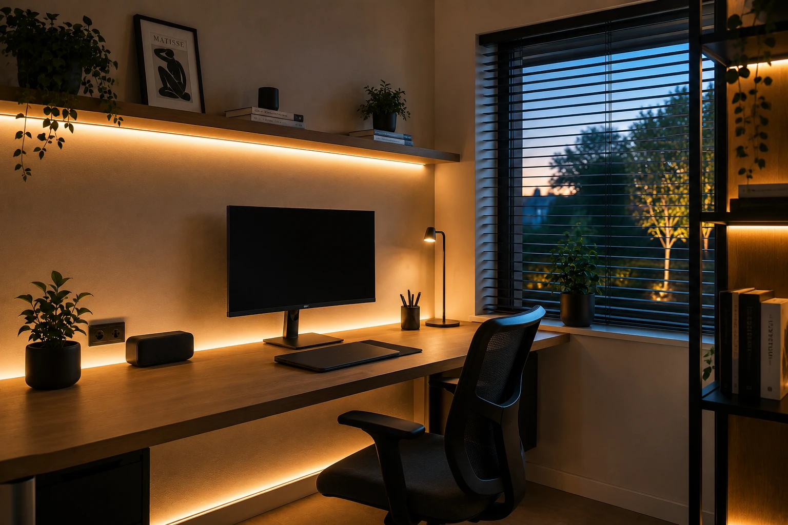warme ledverlichting in een rustige minimalistische thuiswerkplek
