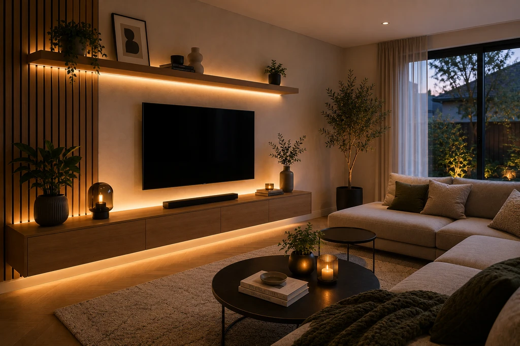 Woonkamer met indirecte verlichting achter een houten wandpaneel en warm LED-licht.