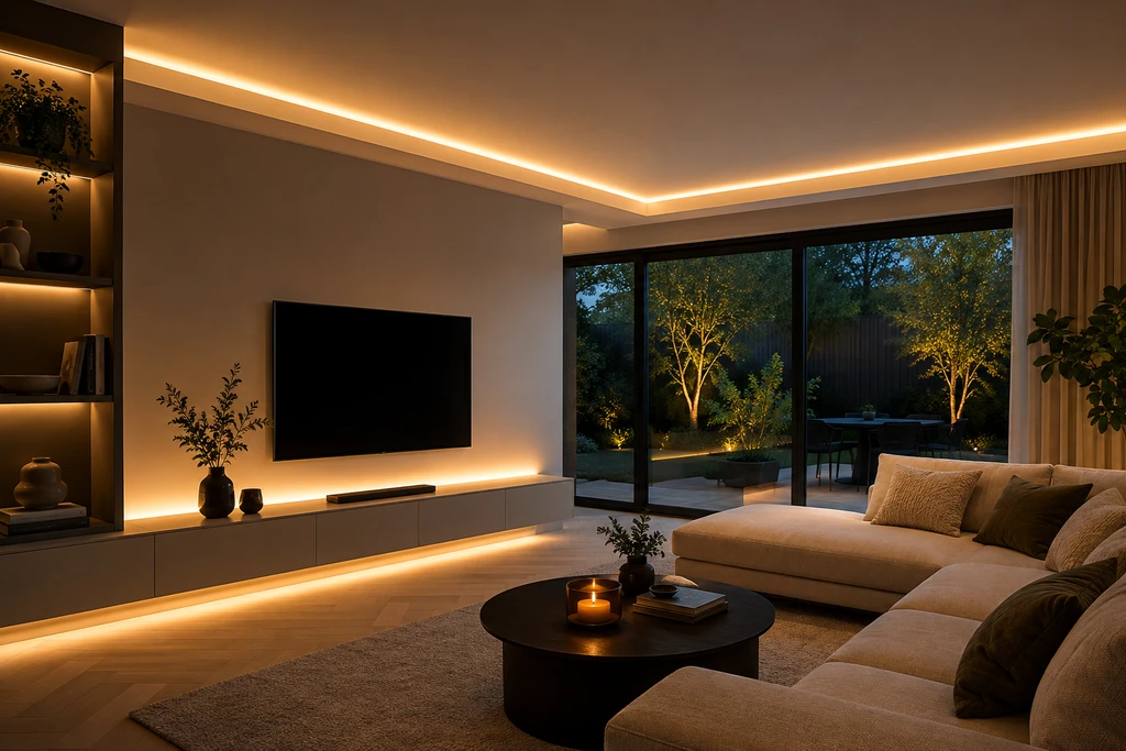 Moderne woonkamer met zachte indirecte verlichting in een plafondkoof met warm LED-licht.