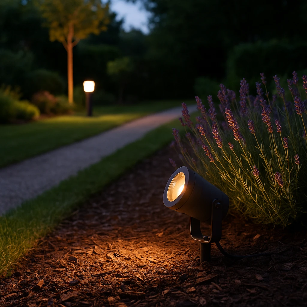 ip-waardes buitenverlichting met waterdichte led grondspot bij lavendelplant