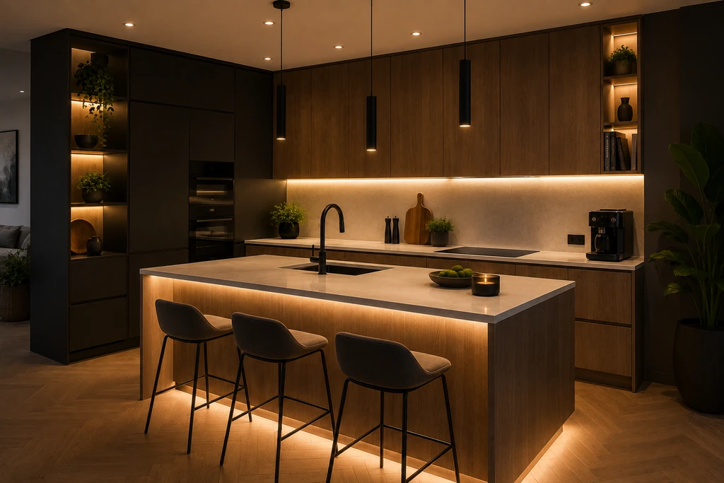 Moderne keuken met LED-inbouwspots en werkbladverlichting voor sfeer en functionaliteit