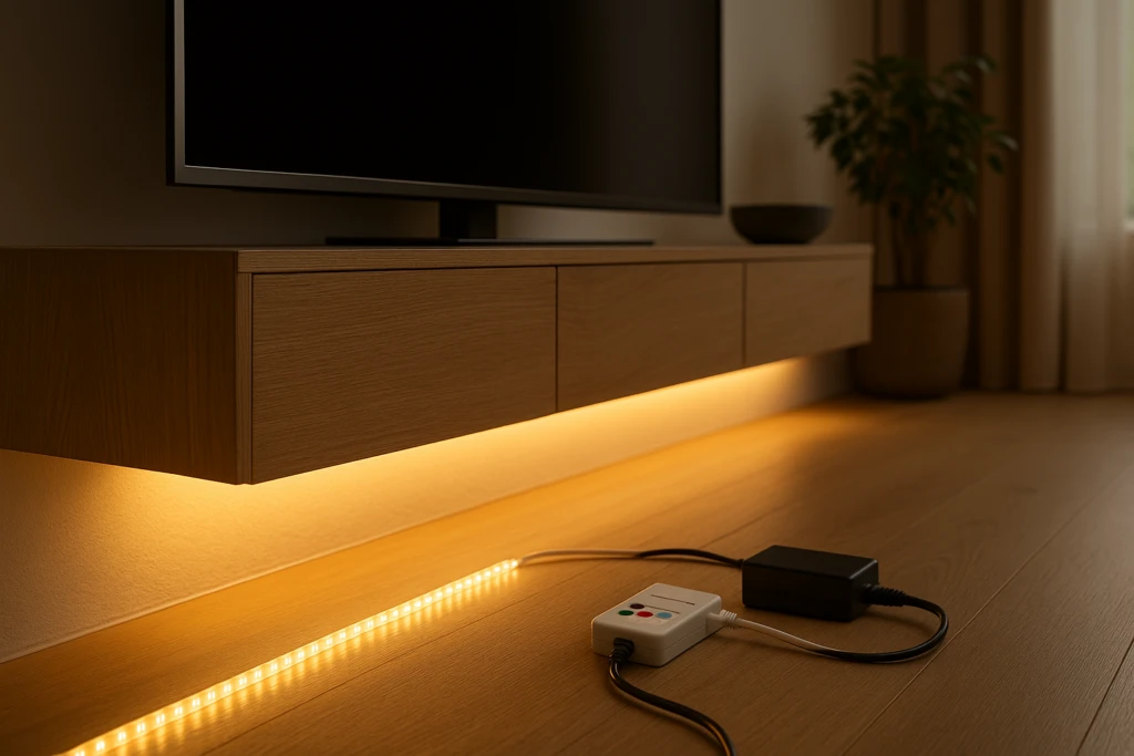 LED strip aansluiten onder een zwevend tv-meubel met warm wit licht, voeding en controller zichtbaar op de vloer.