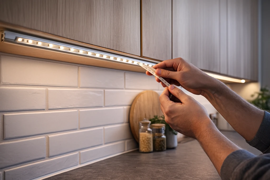 led-strips installeren close-up van montage onder keukenkastjes