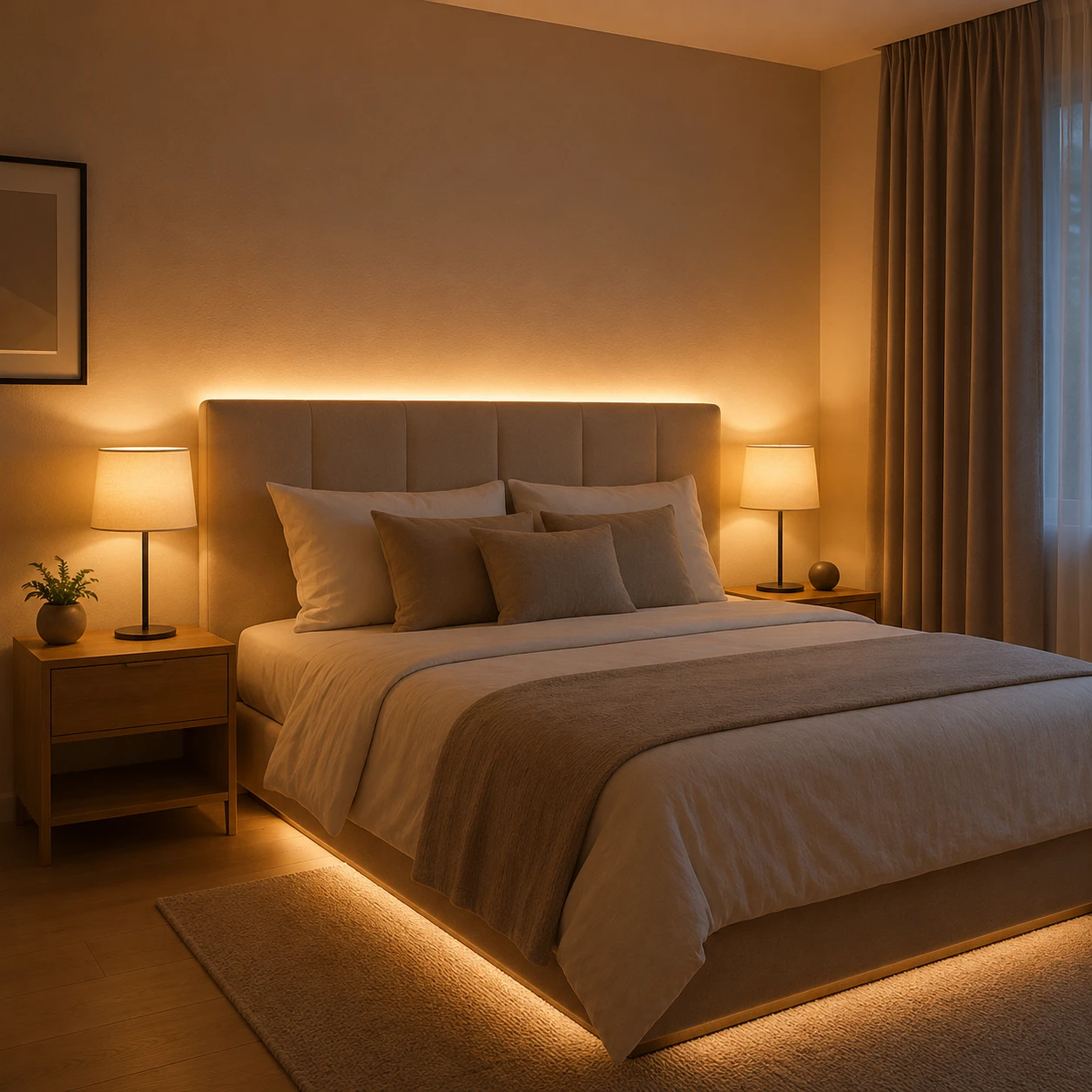 Sfeervolle slaapkamer met led strips achter het hoofdbord in een warme roze-oranje gloed.