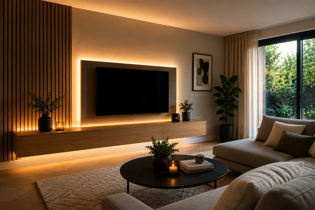 led-strips woonkamer met warm indirect ledlicht achter tv en plafondkoof