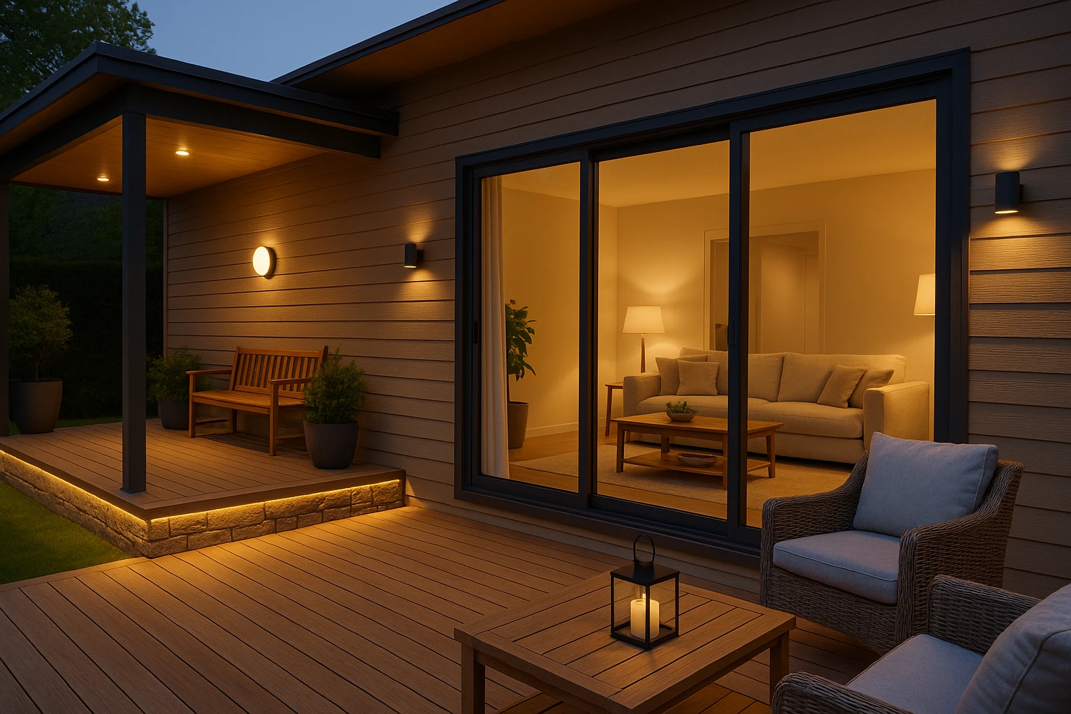 Modern terras met warme LED-verlichting en zicht op een sfeervol verlichte woonkamer