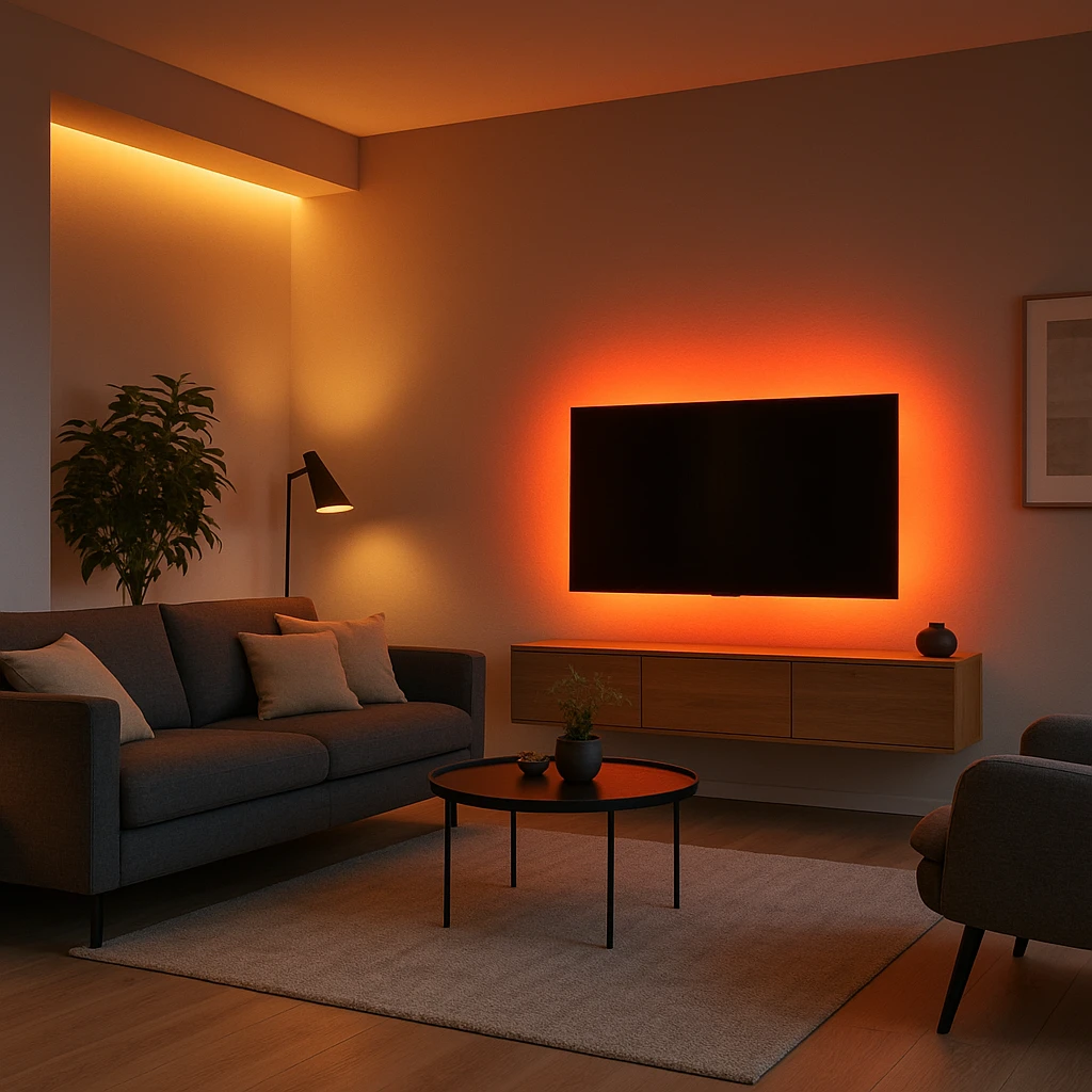 rgb rgbww woonkamer verlichting met warm oranje indirect licht achter tv