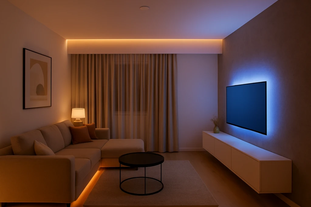 rgb rgbww woonkamer verlichting met indirect licht achter tv en in koof