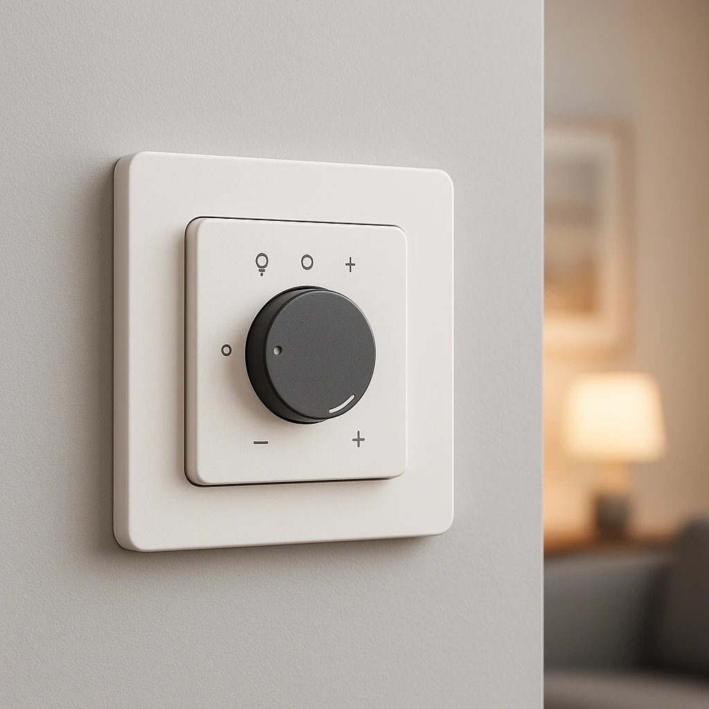 slimme led dimmer moderne wandschakelaar in warme woonkamer