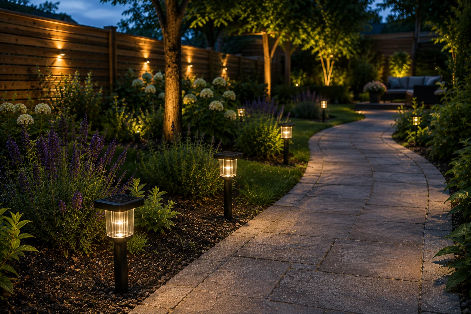 solar tuinlampen langs tuinpad met warm wit licht in de avond
