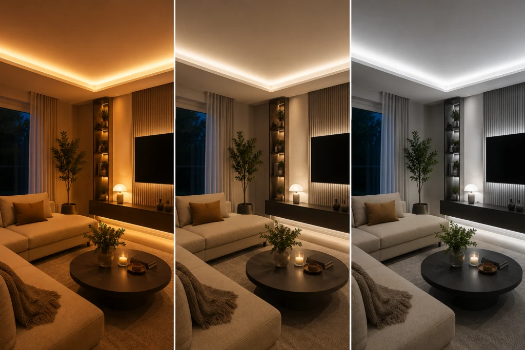 Moderne woonkamer met verschillende lichtkleuren: warm wit 2700K, neutraal wit 4000K en koel wit ter vergelijking