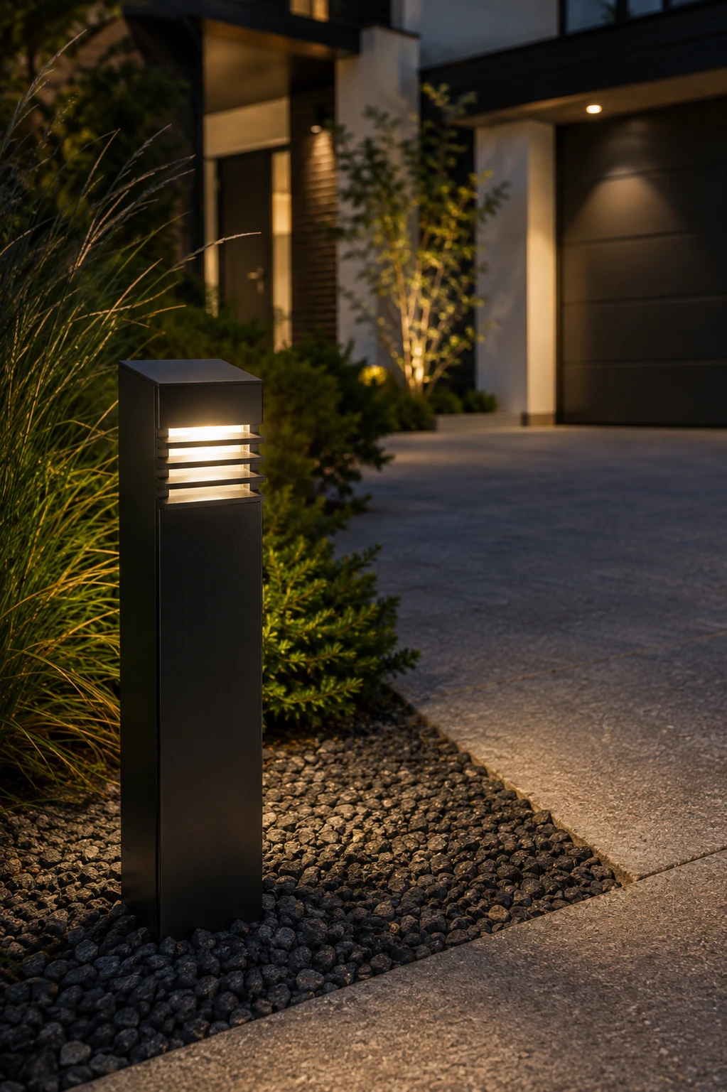 Close-up van een moderne LED-bollard langs een oprit met warme sfeerverlichting, mooie opritverlichting.