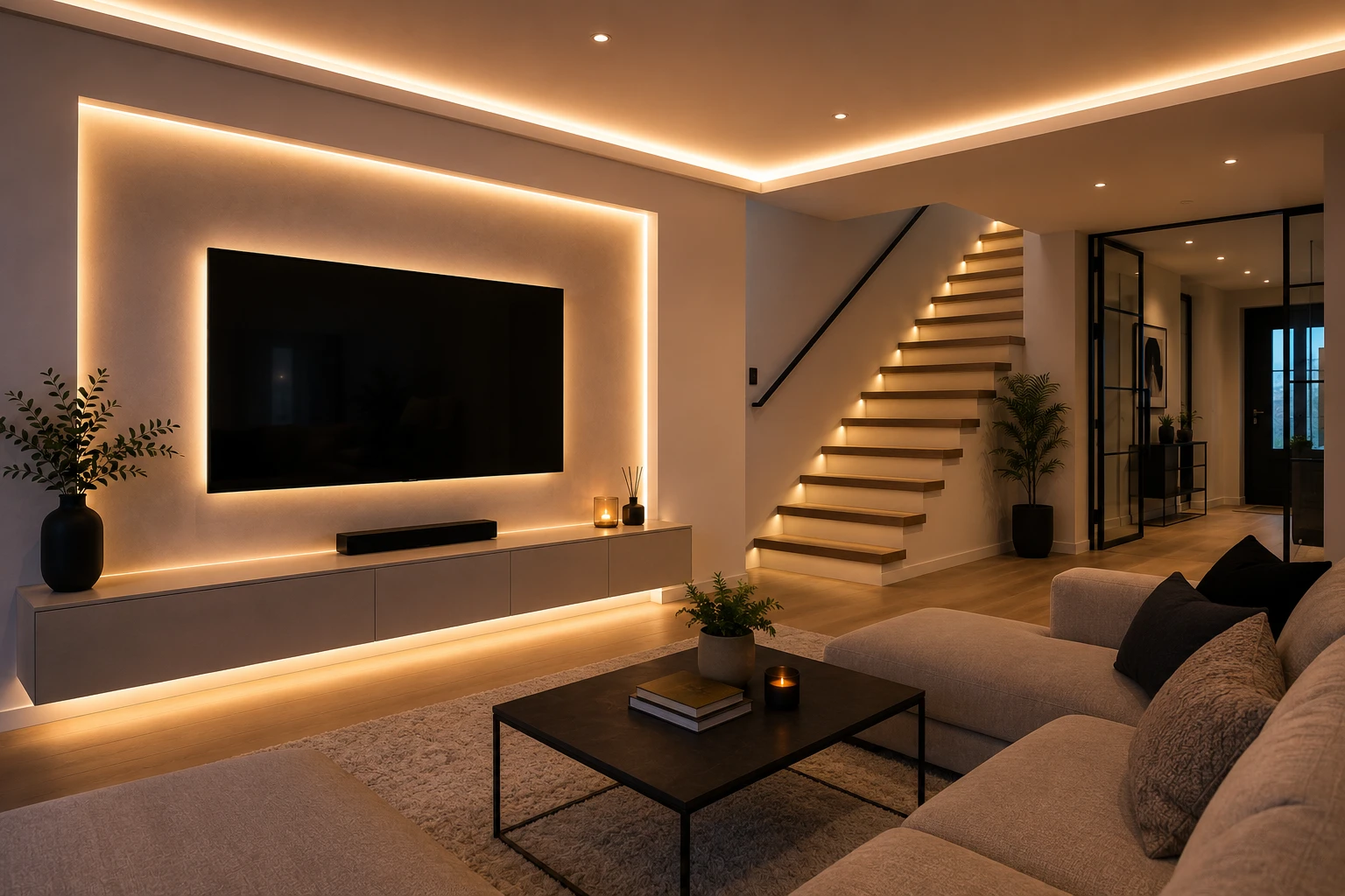 plafond en koofverlichting in moderne woonkamer met warm indirect ledlicht