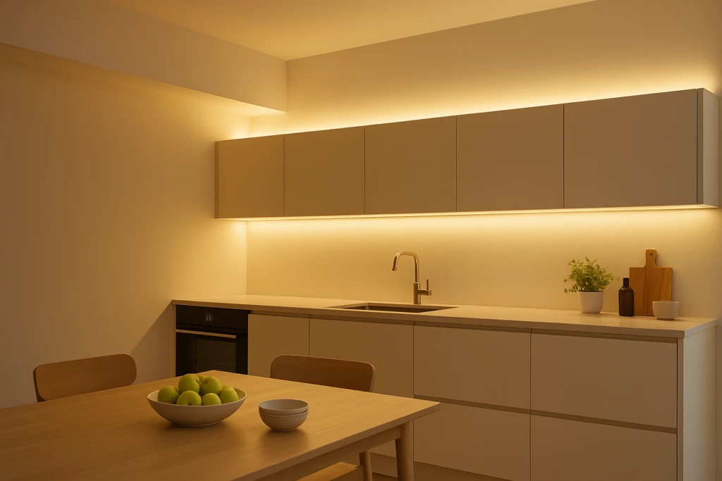 plafond en koofverlichting in moderne keuken met warm indirect ledlicht