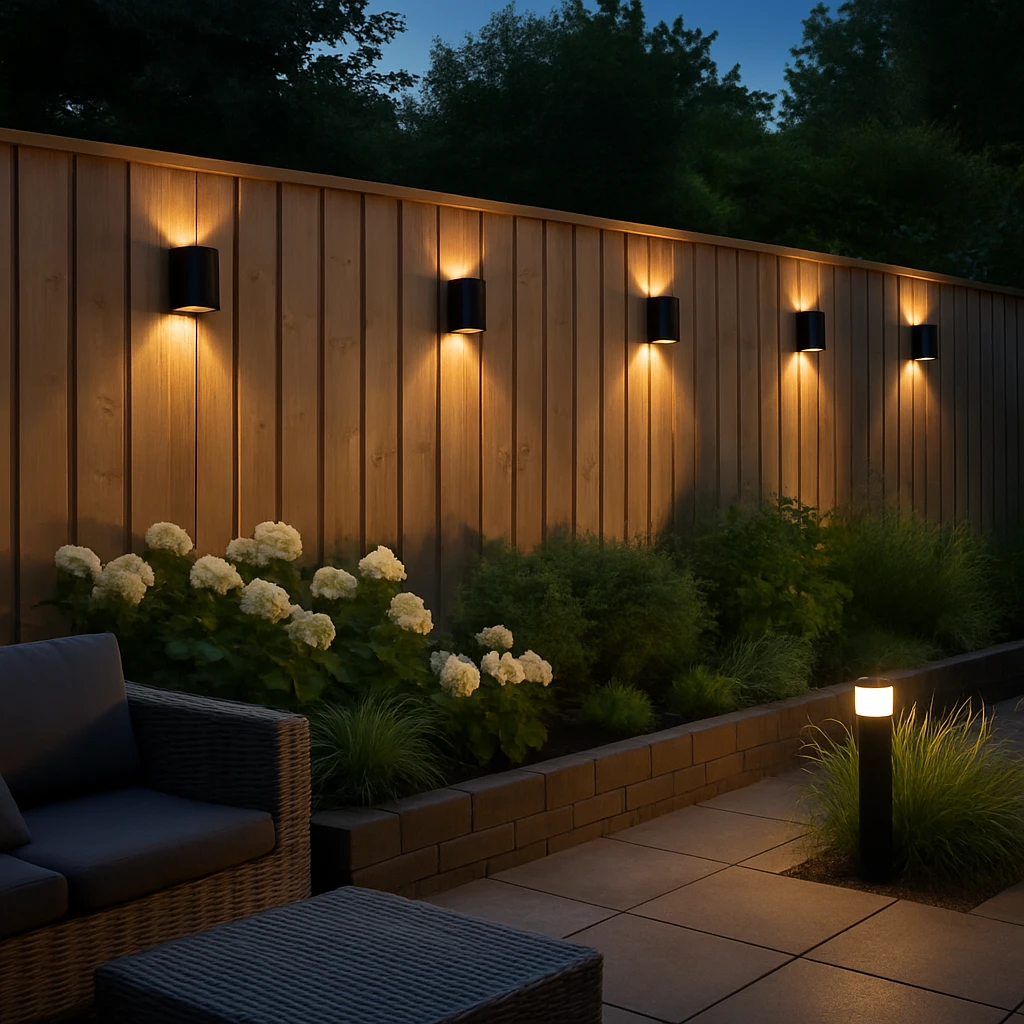 Houten schutting met warme LED-wandlampen en lichte sfeerverlichting in de tuin