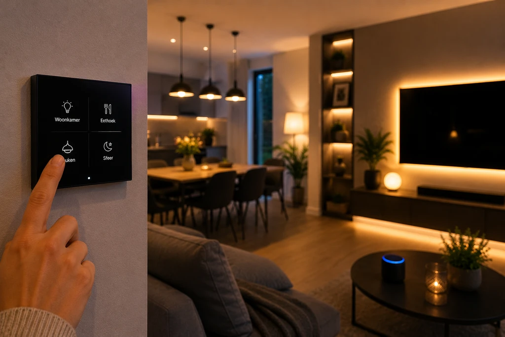 Moderne woonkamer met warme indirecte LED-verlichting als voorbeeld van slimme verlichting systemen.
