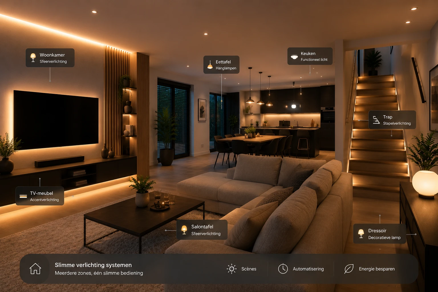 Moderne woonkamer met subtiele smart home apparatuur en warme LED-verlichting, passend bij slimme verlichting systemen.