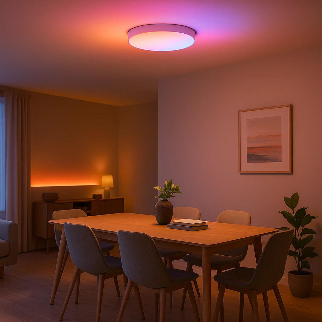 rgb vs rgbww led-verlichting in een moderne woonkamer met warme en gekleurde smart verlichting