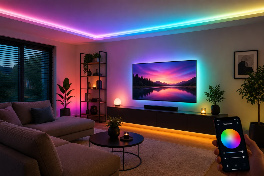smart led-verlichting in een moderne woonkamer met warm instelbaar ledlicht