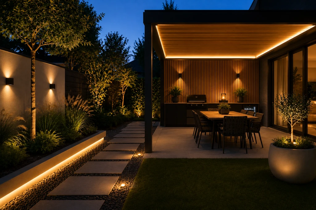 Gezellig terras met warme LED-wandlampen en zachte sfeerverlichting in de avond