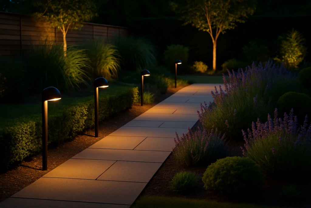 tuinverlichting kiezen met warme ledverlichting langs een modern tuinpad
