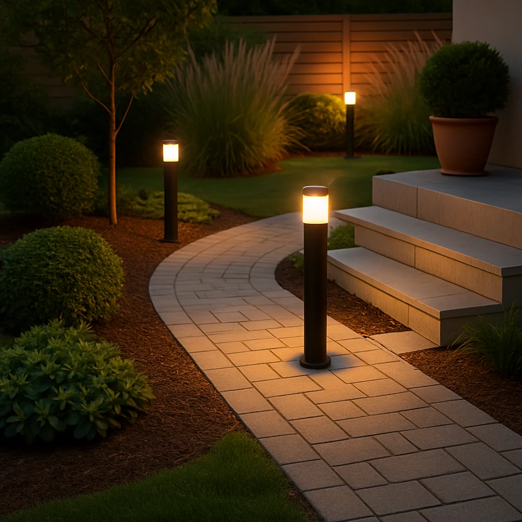 tuinverlichting kiezen met moderne padlampen en warm wit ledlicht in een sfeervolle tuin