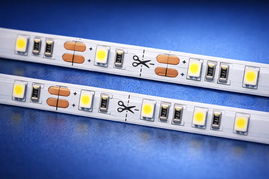 Detail van led strip met kniplijn en kopercontactpunten