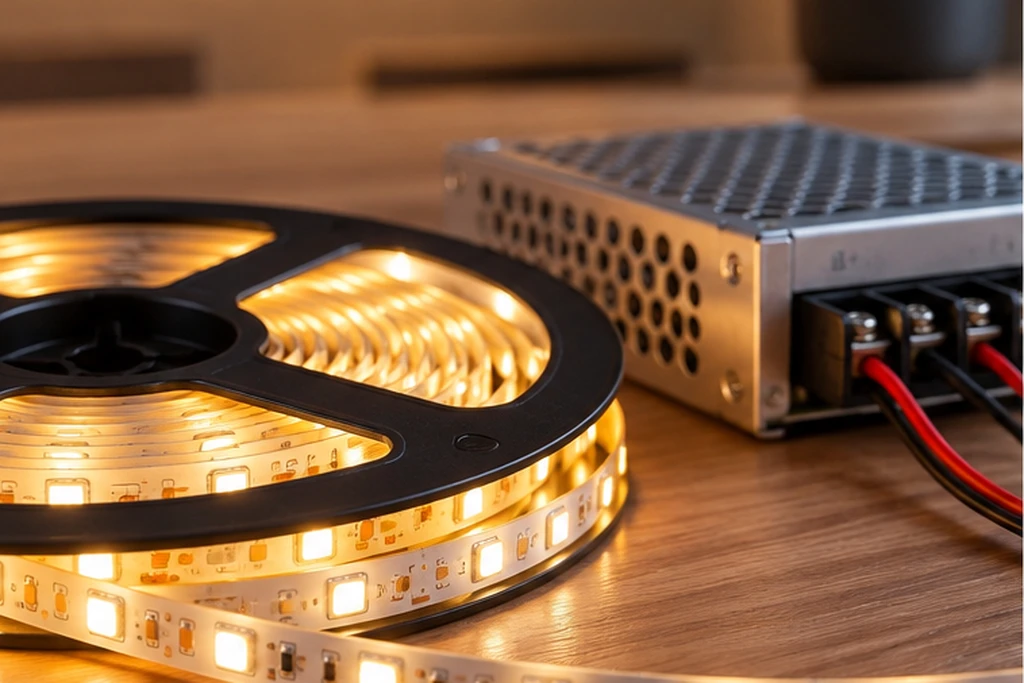 LED strip met voeding en aangesloten kabels op houten werkbank
