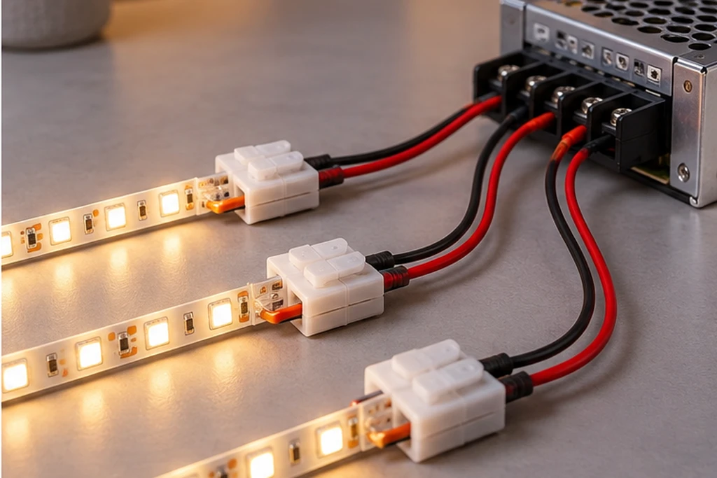 meerdere led strips aansluiten met voeding en kabels