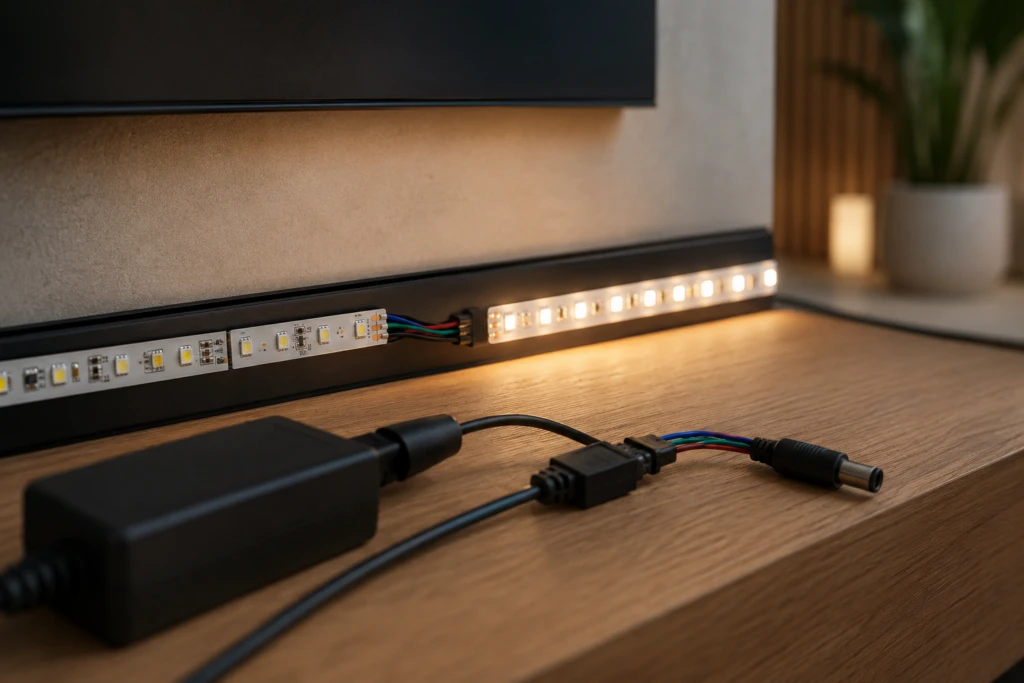 LED strip die niet goed werkt door een probleem met connector of voeding