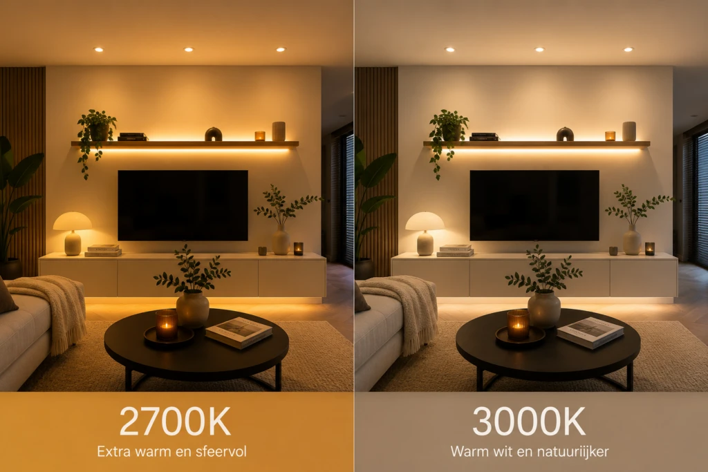 Vergelijking tussen 2700K en 3000K lichtkleur in een moderne woonkamer met warm en neutraal warm LED-licht