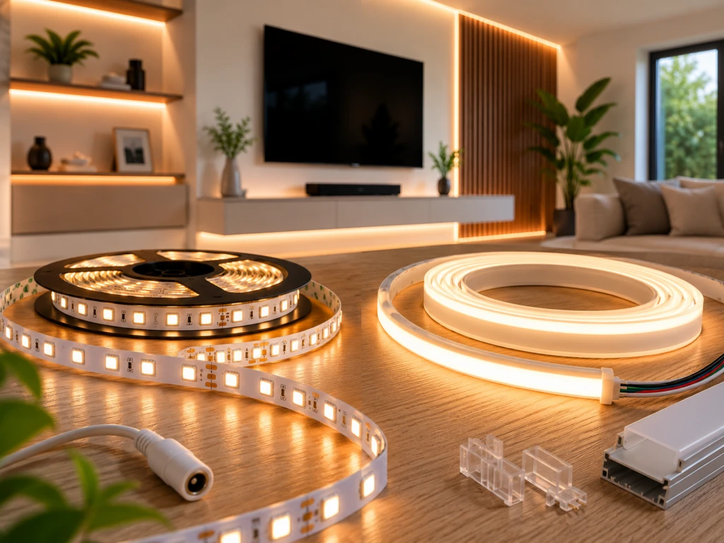 Vergelijking tussen een standaard LED-strip met zichtbare lichtpuntjes en een COB LED-strip met een egale lichtlijn in een moderne woonkamer